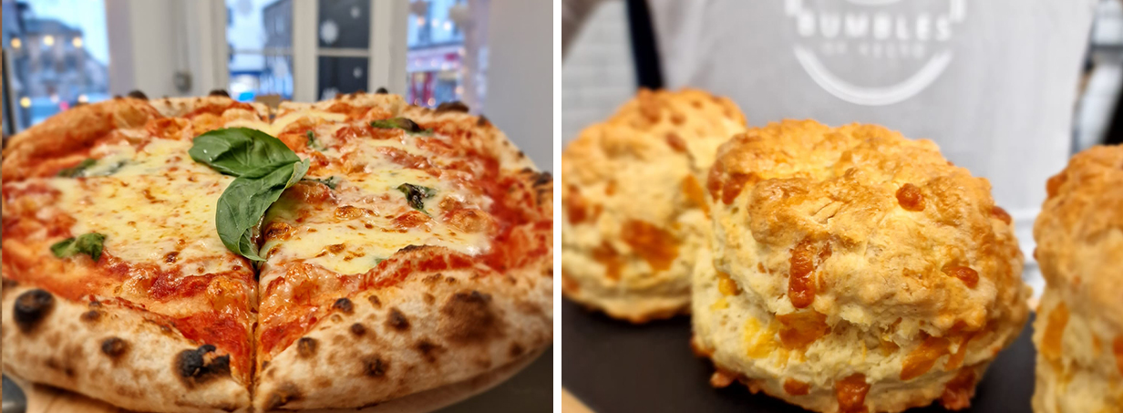 Neapolitan fresh pizza and cheese scones at Bumbles, Kelso
